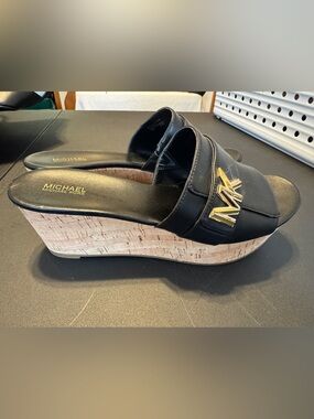 Michael Kors Black Leather Cork Wedge Slide with Gold MK Accent